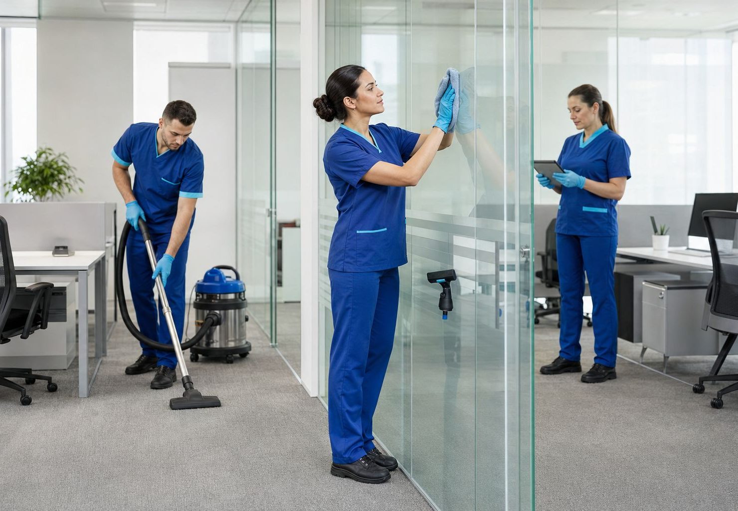Equipo profesional de limpieza trabajando en una empresa